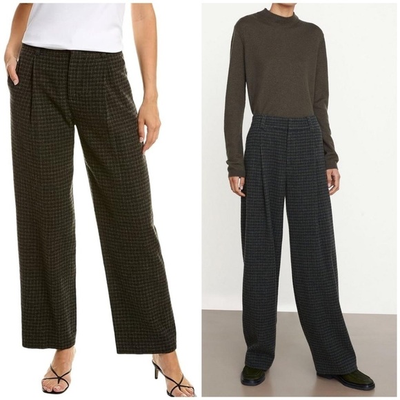 New Vince Wool Cashmere Check Plaid Wide Leg Pants Pleated Azure Tartan Sz 16 - Picture 2 of 14